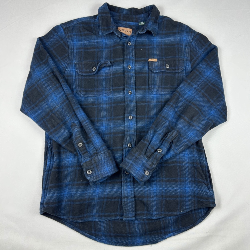 Orvis Mens Medium Shirt Jacket Blue Black Plaid Heavyweight Flannel Shacket